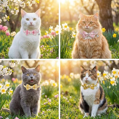 6 Pcs Spring Cat Collar Breakaway with Bow Tie and Bell Kitten Collars Removable Bowtie Plaid Flower Cat Collar for Cats Kittens Puppy (Flower) - style: Flower
