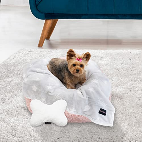 Juicy Couture Grey Paws and Stripes Dog Blanket with Sherpa Bone Shaped Pillow – Plush Puppy Blanket Throw, Breathable, Lightweight, Machine Washable, Cat Blanket for Small Medium & Large Pets - color: Grey Juicy Paws and Stars