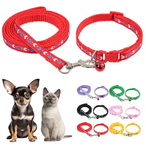 Red Puppy Collar with Bell Leash Set,Adjustable Buckle Heart Print Nylon Dog Collars for Xs XSmall Small Puppy Dogs Cat Kitten X-Small，Neck 7.5-12.5 Inch - color: Red 2
