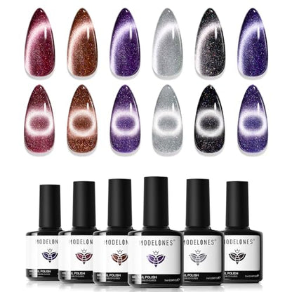 modelones Cat Eye Gel Nail Polish Set, 6 Colors Winter 9D Glassy Cat Eye Glitter Gel Polish Black Red Purple Blue Silver Brown Nail Polish with Magnet Soak Off LED DIY Salon Gift - color: A2-Moon n Night Cat Eye