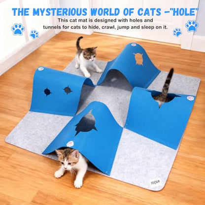 35.4" Large Interactive Felt Cat Activity Play Mat – Ripple Style Hide & Seek Tunnel with Hanging Ball, Foldable Snuffle Mat for Indoor Cats, Kittens, Rabbits, Small Pets, Blue - color: Grey-Blue
