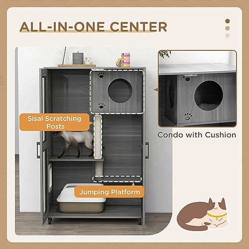PawHut Luxury Cat House with Wheels, Kitty Cage Catio Villa for Indoor Cats with Scratching Posts, Condo, Flap Door, Cushion, Gray, 31.5" x 20" x 48.5"