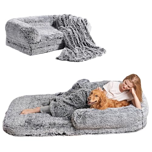 EHEYCIGA Foldable Human Dog Bed, 72"x44"x11" Orthopedic Memory Foam Human Sized Dog Bed, Waterproof Pet Bed for People, Faux Fur Pet Couch for Adult with Non-Slip Bottom, Faded Black - color: Faded Black, size: 72x44x11(Folded 44x36)