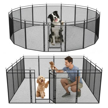 Dog Playpen with Safety Mesh, 32" Height 16 Panels Metal Dog Fence Indoor Outdoor, Portable Dog Kennel for Camping, Yard & RV | Black-Silver - size: 32'', style: 16 Panels
