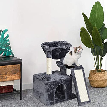 SYANDLVY 23.62" Cat Tree for Indoor Large Cats, Cat Tower with Scratching Posts & Board, Modern Cat Bed Furniture with Condo & Basket (Smoky Grey) - color: Smoky