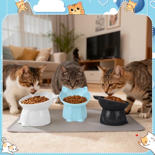 3 Pcs Elevated Cat Bowls 15°Raised Cat Food Bowl with Silicone Mat Whisker Friendly Anti Vomiting Cats Dishes Pet Food and Water Bowls for Indoor Cats Kittens, Blue, Black, White - color: Blue, Black, White