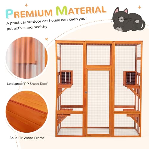 COZIWOW Large Wooden Cat Cage with Perche and Condo, Play Run Enclosure Indoor Kitty Window Kennel with Waterproof Roof&Safety Lock, 7 Platforms & 2 Resting Box, 62.4"L x 32.4"W x 70"H, Deep Orange