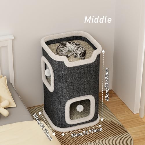 Cat Villa Cat House,Cat House Soft and Durable Multi-Level Cat Villa Cozy Sisal Cat Tower with Scratching Post,Warm Condo Nest for Sleep,Rest Play Ideal for All Seasons (Gray, Middle)