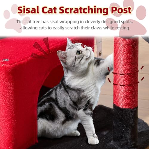 Taoqimiao MS043BR Cat Tree, 32.2-Inch Cat Tower for Indoors Cats, Cat Condo with Large Cat Perch, Spacious Cat Cave, Scratching Posts for Small and Medium Cats, Black and Red - color: Gothic