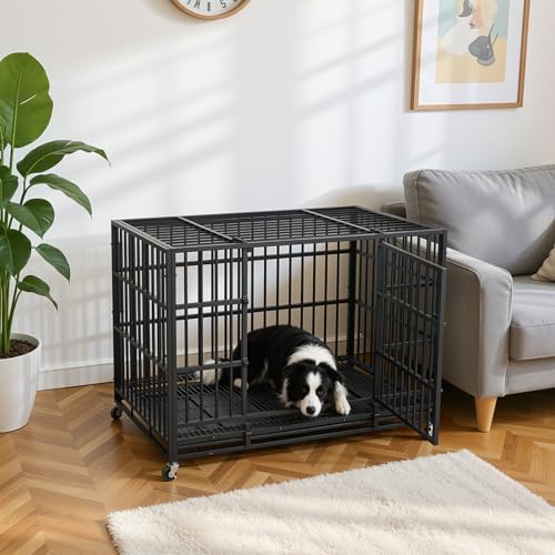 VOWNER 42 inch Heavy Duty Indestructible Dog Crate, Escape-Proof Dog Crate Cage Kennel with 4 Lockable Wheels, High Anxiety Dog Crate with Double Door and Removable Tray Design, for Large Dogs - size: 42.1"L x 27.6"W x 31.3"H