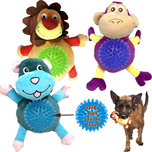 Jalousie Dog Squeaky Toys Value Set Non-Toxic Squeaky Balls Toss Fetch TPR Rubber Puppy Toys Spikey Dog Chew Toy for Small Medium Breed Pet Toys for Puppy (3 Pack 2-in-1 Plush) - color: 3 Pack 2-in-1 Plush