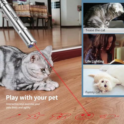 Pet Cat Laser Toy, USB Rechargeable Handheld Pointer, 5 Red Laser Patterns, Suitable Indoor Interaction with Cats or Dogs
