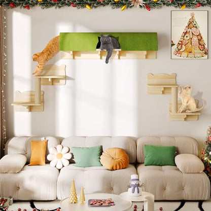 Cat Wall Shelves with Tunnel, 7-in-1 Solid Wood Wall Mounted Cat Furniture with Scratching Post, Cave & Steps, Multi-Level Cat Climbing Wall Systems, Space Saving, Floating Cat Shelves - color: Burlywood, size: 7-in-1