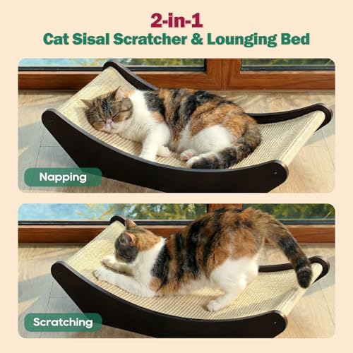 Zakkart Cat Sisal Scratching Bed Hammock, 2-in-1 Cat Scratcher & Lounging Bed, 100% Natural Sisal Mat, Solid Wood Frame, Cat Furniture Protector (Medium, Dark Stained)