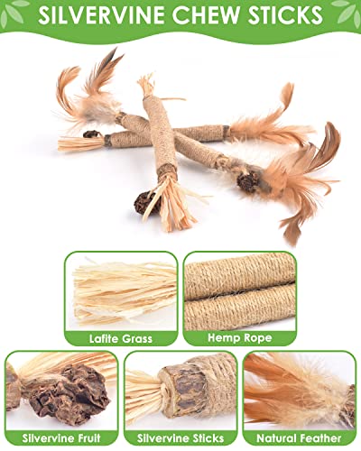 TINDTOP Silvervine Sticks for Cats with Natural Feather, Catnip Chew Toys for Kittens Teeth Cleaning, Increase Appetite, Calm Cat Anxiety and Stress, Cat Dental Toy (3 Pack) - color: 3 Pack