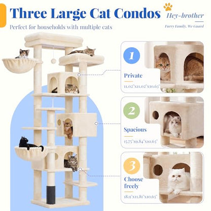 Hey-brother Cat Tree, 74 inches Multi-Level XL Large Cat Tower for Indoor Cats with Three Cat Condos, Two Large Top Decks and Cat Hairbrushfor Kittens, Cats and Pets, Beige MPJ035-MM - color: Beige
