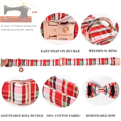 DOGWONG Christmas Dog Collar with Bow Tie - Christmas Red Plaid Puppy Collar, Adjustable Red Checkered Dog Collars for Girl Boy Dogs, S - color: A- red plaid, size: S