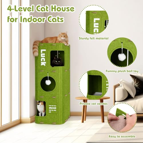 3-Storey Cat House for Indoor Use with 10 Pcs Sisal Toys Cube Cats Bed Cave Cat Houses 35.5 x 14.6 Inch Felt Scratch Resistant Cats Condos with Hideaway and Sisal Stuff for Indoor Multi-Cats Home
