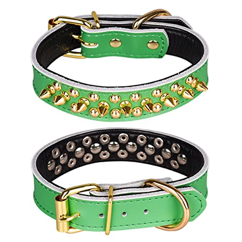 Spiked Studded Dog Collar, Genuine Leather Dog Collar, Adjustable Pet Collars for Small or Medium Pet (S, Green) - color: Green, size: S