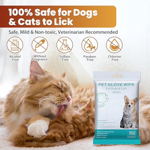 Pet Glove Wipes for Dogs Cats, Dog Cleaning Gloves, Dog Wipes Cleaning Deodorizing, Pet Wipes for Dogs Cats, Extra Thick, Unscented Rinse Free Nourish Fur Glove Wipes for Daily Care and Traveling-6pcs