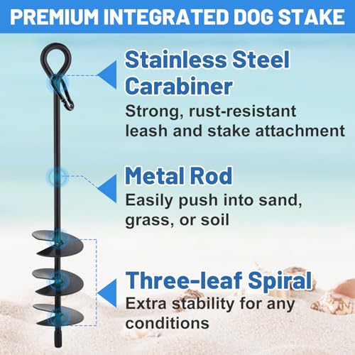 Beach Dog Tie Out Stake for Dogs Up to 250 lbs - Heavy Duty Dog Camping Yard Park Essentials Accessories for All Cable Leash Chain