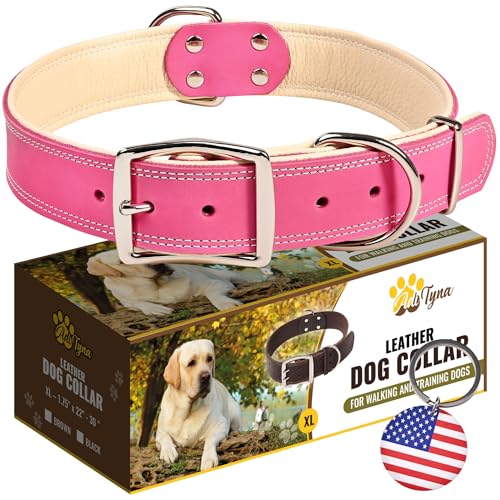 ADITYNA Heavy-Duty Pink Leather Dog Collar for Extra-Large Dogs - Soft Padded for Comfort - Big Girl Dog Collar for Walking, Training, and Hiking - color: Pink, size: Extra-Large: Fit 22-30" Neck