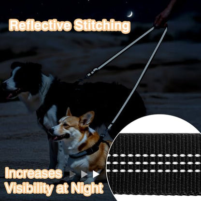 ElevateTech Double Dog Leash for Two Dogs No Tangle Dual Leash Heavy Duty Adjustable Reflective Bungee Retractable Split Multiple Leashes for Walk Fit All Sized Breeds Black