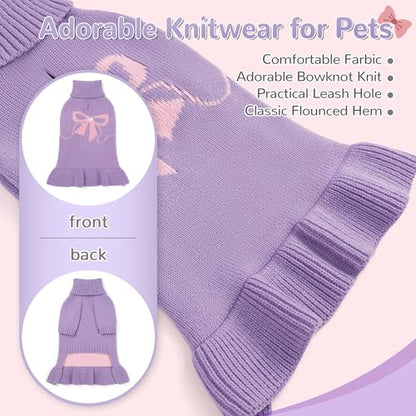 Bowknot Dog Sweater Dress for Small Dogs Girl, Stretchy Pet Sweaters Pullover Coats, Fall Winter Warm Dog Turtleneck Sweater (Purple, S) - color: Purple, size: Small (5-9lbs)