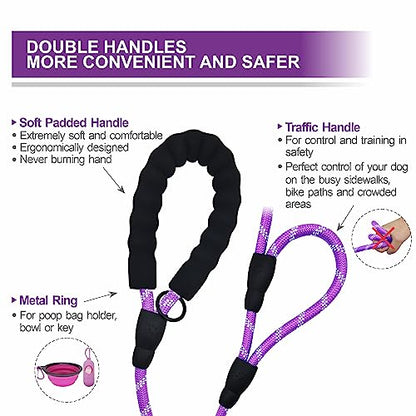 Dog Leash Heavy Duty 6ft, Double Handle Dog Leash with Padded Handle for Traffic Control, Reflective Rope Leashes for Large and Medium Dogs Night Control Safety Training (Purple) - color: Purple (25 to 120 lbs)