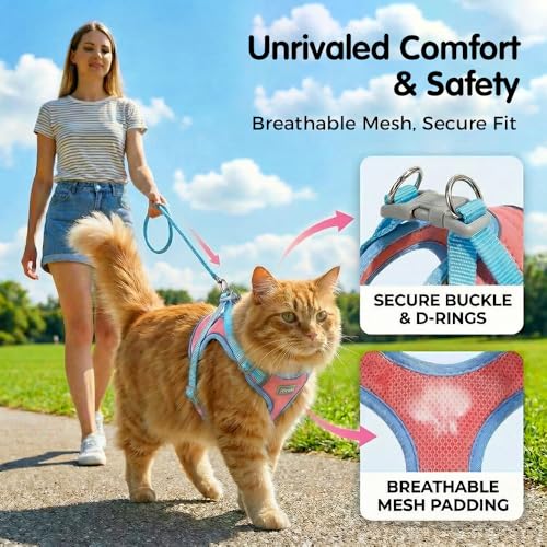 Cat Harness and Leash, Escape-Proof Cat Harness Set, Adjustable Step-in Pet Harness for Walking for Small Medium Cats (Pink, M)