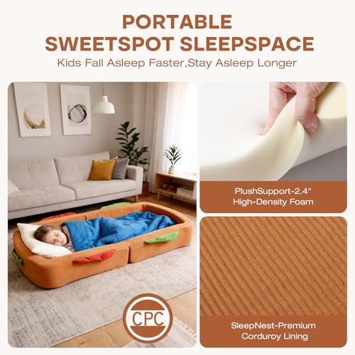 Toddler Travel Bed Sandwich Style - Portable Toddlers Floor Beds, Foldable Soft Foam Travel Crib for Baby and Kid, Washable Cover Toddler Cot with Safety Rail for Travel, Medium Size - size: Medium – for Toddlers Ages 1–4
