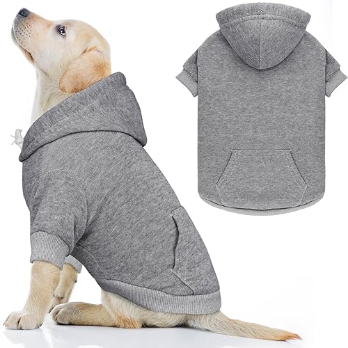 Dog Hoodie Dog Sweaters for Large Dogs Pet Sweater Solid Soft Brushed Fleece Pet Clothes Hoodie Sweatshirt with Pocket(Grey-L) - color: Grey, size: Large