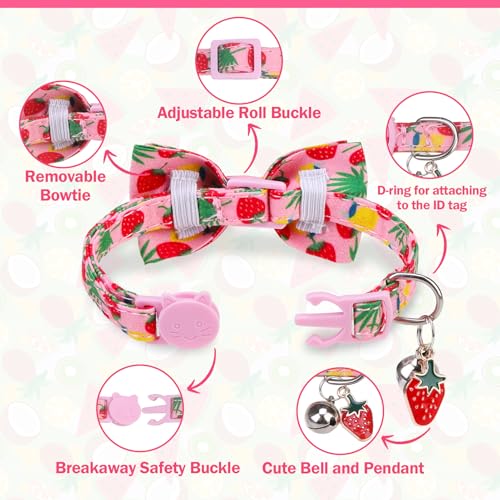 Cat Collar with Bell Bow Tie Fruit Breakaway Bowtie Cat Collar for Spring Summer, Adjustable Safety Kitten Collars with Removable Bowtie & Charm for Boys Girls Male Female Cats - color: Fruit Pink + Green
