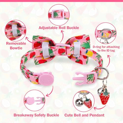Cat Collar with Bell Bow Tie Fruit Breakaway Bowtie Cat Collar for Spring Summer, Adjustable Safety Kitten Collars with Removable Bowtie & Charm for Boys Girls Male Female Cats - color: Fruit Pink + Green