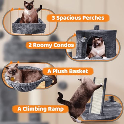 Yaheetech | 68.5in Cat Tree | for Large Cats | Multi-Level Cat Tower with 3 Wide Perches, Large Condo | Stable Pet Play House w/Sisal-Covered Scratching Posts & Board | Dark Gray - color: Dark Gray, size: 68.5in