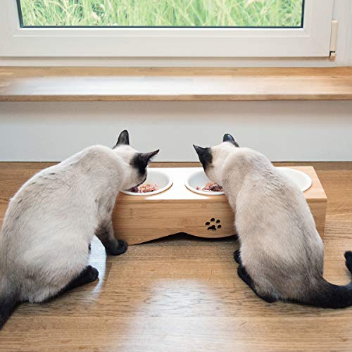 Navaris Cat Bowls with Stand - Elevated Triple Feeder for Cats - Ceramic Pet Bowl Dishes 3-Pcs Set with Printed Designs and Raised Bamboo Wood Holder