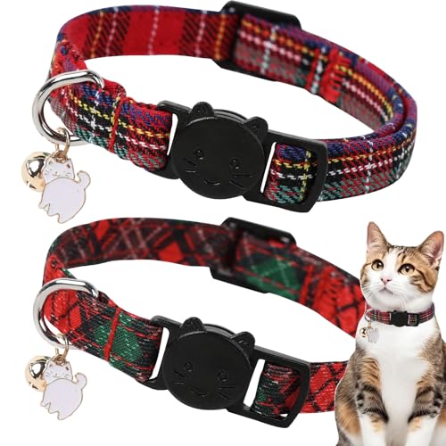 Unique style paws 2 Pack Christmas Kitten Collar Breakaway with Bell & Pendant, Adjustable Safety Cat Cotton Collars for Girl Boy Cats and Small Pets - color: Scottish & red green grid
