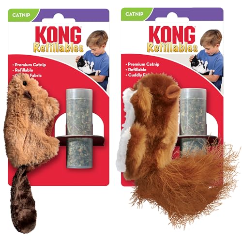 KONG Refillables Catnip Toys, Assorted 2-Pack – Plush Cat Toys with Refillable Catnip Pouch & Premium North American Catnip (Beaver and Squirrel) - color: Beaver and Squirrel