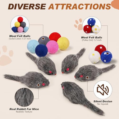 Outus 15 Pcs Toys for Cats Kittens Bulk with 6 Furry Cat Mice Interactive Catch Play 9 Wool Pom Toy Ball Fur Mouse Soft Quiet Fabric Kitty Balls for Indoor Yard House Patio, No Catnip