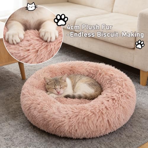 Calming Donut Dog Beds for Small Dogs Cats - Washable Removable Cover Non-Slip Bottom, Round Pet Bed Puppy Bed Warming Fluffy Faux Fur Anti-Anxiety, Fits up to 25 lbs (Blush, 23") - color: Blush, size: 23"L x 23"W x 8"Th