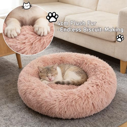 Calming Donut Dog Beds for Small Dogs Cats - Washable Removable Cover Non-Slip Bottom, Round Pet Bed Puppy Bed Warming Fluffy Faux Fur Anti-Anxiety, Fits up to 25 lbs (Blush, 23") - color: Blush, size: 23"L x 23"W x 8"Th
