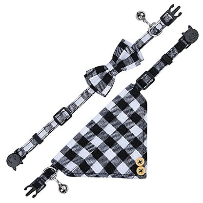 Faleela Cat Collar Bandana Bells Set - 2 Pack Set Cat Collar Breakaway with Cute Bow Tie and Bell, Adjustable from 7.8-10.5 Inch, Soft and Comfortable for Kitty and Some Puppies - color: White and black+bandana