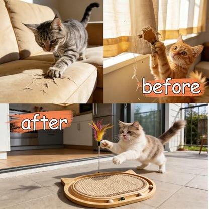 Sisal Cat Scratcher Toy with Ball Track Feather and Ball, Wooden Interactive Toy for Indoor Cats, Scratch Pad,Kitten Toys for Chasing Hunting Physical Exercise(12.9 * 17.4in