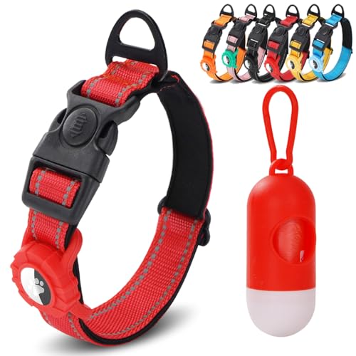 JSXD AirTag Dog Collar, Night Reflective Nylon Dog Collar for Small Medium Large Dogs,Lockable Quick Release Buckle,Padded Breathable Pet Collar with AirTag Holder (Red, Medium) - color: Red, size: Medium(13.8"-21.6")