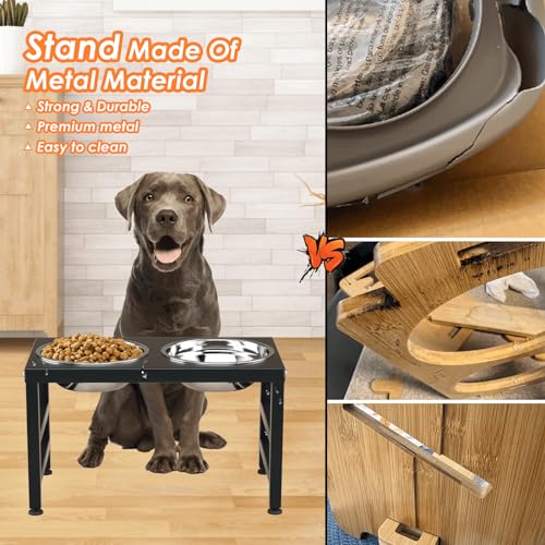 ADENGL Metal Raised Dog Bowl, 10" Tall Elevate Dog Feeder Stand with 2 Stainless Steel 42oz Bowls & 16x24 Non-Slip Mat – Stronger Dogs Food & Water Bowl Stand (Black) - color: Black - L Dog Mat, size: Height-10inch