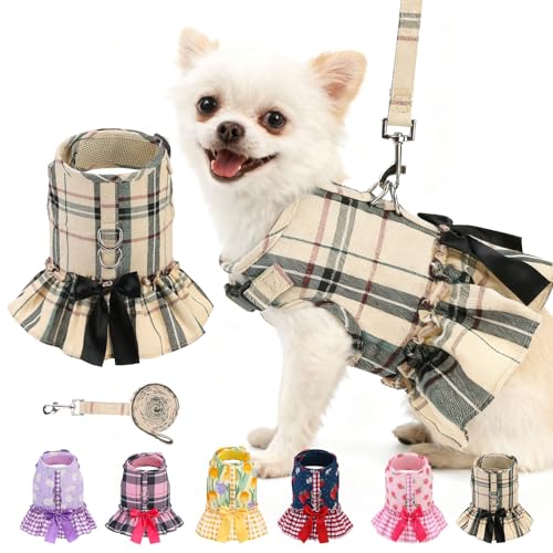 EXPAWLORER Dog Harness Small Medium Sized Dogs, Plaid Dog Dress Bowknot Harness and Leash Set, No Choke No Pull Soft Mesh Vest Cute Princess Puppy Outfits Clothes Costume for Girls Party Cats Beige S - color: Plaid Beige, size: Small(Chest Girth 12" - 14.