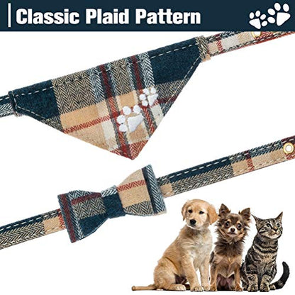 EXPAWLORER Puppy Collar and Leash Set - Plaid Dog Collar and Leash with Bow Tie and Bandana, Bell, Khaki - color: Khaki, size: Small