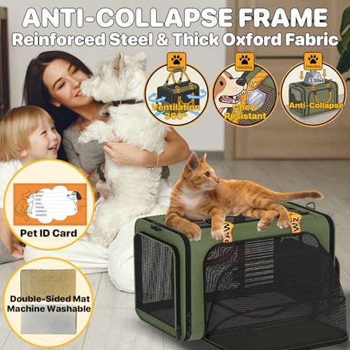 PAWZIDEA Expandable Pet Carrier with Wheels, 18"x11"x11" TSA Airline Approved Cat Carrier for 2 Cats Under Seat, Collapsible Soft-Sided Small Dog Rolling Travel Bag with Telescopic Handle, Up to 18lbs - color: Dark Green-Wheels