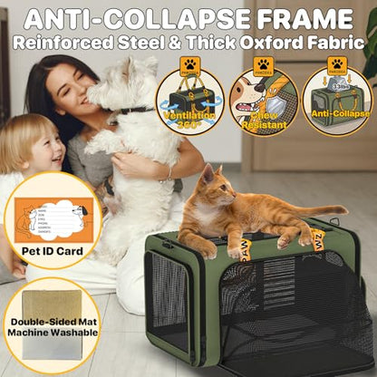 PAWZIDEA Expandable Pet Carrier with Wheels, 18"x11"x11" TSA Airline Approved Cat Carrier for 2 Cats Under Seat, Collapsible Soft-Sided Small Dog Rolling Travel Bag with Telescopic Handle, Up to 18lbs - color: Dark Green-Wheels