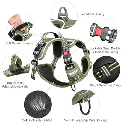 Dog Harness Medium Sized, No Pull Pet Harness with Neck Lockable Snap,No Choke Front Clip Dog Reflective Vest,Adjustable Metal Rings 3 Buckles,Easy Control Handle for Medium Dogs Green M - color: Lock Green, size: Medium (Pack of 1)